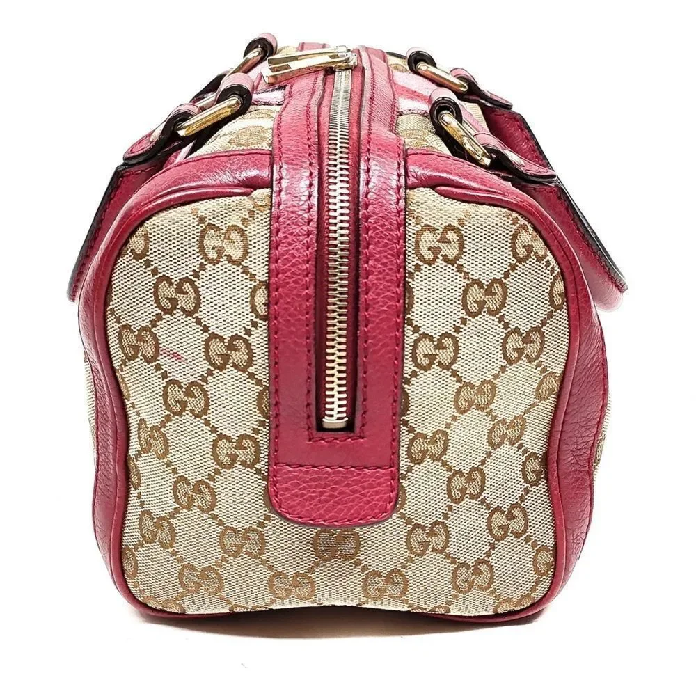 Gucci Vtg GG Beige Supreme Pink Red Web & Leather Joy Boston Tote Bag Auth Small